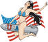 #29599 Royalty-free Cartoon Clip Art of a Sexy Brunette Woman In A Stars And Stripes Bikini, Riding A Rocket In Front Of An American Flag by Andy Nortnik