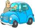 #29780 Clip Art Graphic of Gas Station Attendant Cleaning the Windshield of a Blue Compact Car by DJArt