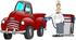 #29781 Clip Art Graphic of a Gas Station Attendant Fueling a Red Truck by DJArt