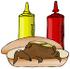 #29923 Clip Art Graphic of a Goofy Dachshund Dog Lying Under Pickles On A Hot Dog Bun Near Ketchup And Mustard Containers by DJArt