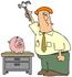 #30382 Clip Art Graphic of a Businessman About To Break A Piggy Bank With A Hammer by DJArt