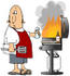 #30583 Clip Art Graphic of a Nervous Caucasian Man Wearing A Red Apron, Holding A Spatula And Salt Shaker, Standing In Front Of Hamburger Patties And Bbq Sauce And A Gas Bbq Grill With Huge Flames by DJArt