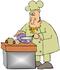#30655 Clip Art Graphic of a Male Caucasian Chef in a Yellow Chefs Hat and Jacket Shedding a Tear While Cutting Onions by DJArt