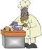 #30682 Clip Art Graphic of an African American Male Chef In A Chefs Hat And Jacket, Crying While Prepping Food And Slicing Onions In A Kitchen by DJArt