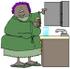 #30771 Clip Art Graphic of a Grouchy Old African American Lady Wearing A Pink Robe Over Blue Pjs And Purple Curlers In Her Hair, Taking Medicine Out From A Bathroom Cabinet by DJArt