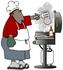 #30783 Clip Art Graphic of a Black Man Wearing A Chef’s Hat, An Apron, Red Shirt And Blue Shorts, Flipping Burgers On A Bbq Grill by DJArt