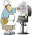 #30784 Clip Art Graphic of a White Man Wearing A Chef’s Hat, An Apron, Blue Shirt And Khaki Shorts, Flipping Burgers On A Bbq Grill by DJArt