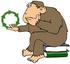 #32069 Clip Art Graphic of a Cartoon Parody of Rheinhold’s "Philosophizing Monkey" Showing a Monkey Holding Green Recycling Arrows and Sitting on Books by DJArt
