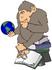 #32071 Clip Art Graphic of a Cartoon Parody of Rheinhold’s "Philosophizing Monkey" Showing a Chimpanzee Holding a Globe and Sitting on Books by DJArt