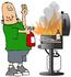 #32076 Clip Art Graphic of a Fire Safe Caucasian Man Using an Extinguiser to Put Out a Fire on a Gas Grill by DJArt