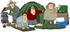 #32099 Clip Art Graphic of a Group Of Caucasian Men Setting Up Camp While Enjoying A Weekend Without Wives Or Kids by DJArt
