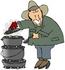 #32100 Clip Art Graphic of a Happy Caucasian Guy Cooking Food On A Dutch Oven At His Campsite by DJArt