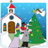 #33512 Christmas Clipart Of A Man And Woman Singing Otuside A Church While An Angel Topps A Christmas Tree With A Star by Maria Bell
