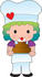 #33584 Clip Art Graphic of a Rainbow Haired Chef Poppy Character In An Apron And Chefs Hat, Holding A Cake In A Bakery by Maria Bell