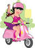 #33632 Clip Art Graphic of a Pretty Dainty Character Lady In Pink, Waving And Riding A Vespa Scooter by Maria Bell