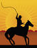 #33665 Clip Art Graphic of a Silhouetted Horseback Cowboy Cracking A Whip At Sunset by Maria Bell