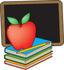 #33667 Clip Art Graphic of a Red Teacher’s Apple On A Stack Of Books By A Chalkboard by Maria Bell