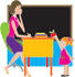 #33668 Clip Art Graphic of a Female Teacher Getting A Red Apple From A Kindergarden Student by Maria Bell