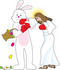 #33673 Clip Art Graphic of the Easter Bunny Getting Punched by Jesus by Maria Bell