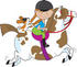 #34084 Clip Art Graphic of a Red Haired Girl Riding a Painted Brown and White Horse With Her Puppy by Maria Bell