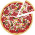 #34088 Clip Art Graphic of a Slice Of Pizza Being Removed From A Pie With Cheeses, Mushrooms, Bell Peppers, Olives And Pepperoni by Maria Bell