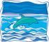 #34134 Clip Art Graphic of a Dolphin Swimming In The Tropics And Jumping Out Of The Wavy Water by Maria Bell