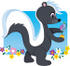 #34138 Clip Art Graphic of a Skunk Spraying Perfume While Walking In A Garden Of Flowers by Maria Bell
