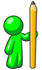 #34189 Clip Art Graphic of a Green Guy Character Holding Up A Giant Yellow Pencil by Jester Arts