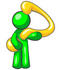 #34200 Clip Art Graphic of a Green Guy Character Holding A Giant Curving Question Mark by Jester Arts
