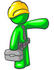 #34203 Clip Art Graphic of a Green Guy Character Construction Worker Wearing A Hard Hat, Tool Belt And Tie And Carrying A Tool Box by Jester Arts