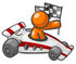 #34241 Clip Art Graphic of an Orange Guy Character Holding A Checkered Flag And Driving A Race Car by Jester Arts