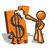 #34247 Clip Art Graphic of an Orange Guy Character Fitting A Corner Piece To A Financial Dollar Sign Puzzle On Top by Jester Arts