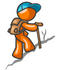 #34370 Clip Art Graphic of an Orange Guy Character Wearing A Hat And Backpack, Using A Stick While Hiking by Jester Arts