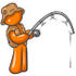 #34409 Clip Art Graphic of an Orange Guy Character Wearing Brown Fishing Gear And Holding His Fishing Pole by Jester Arts