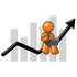 #34450 Clip Art Graphic of an Orange Guy Character Working On A Laptop And Riding Upwards On An Arrow Over A Bar Graph by Jester Arts