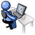 #34479 Clip Art Graphic of a Blue Guy Character Researching Skulls On A Computer by Jester Arts