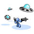 #34488 Clip Art Graphic of a Blue Guy Character In A Business Tie, Kneeling And Shooting Laser Guns At Attacking UFOs by Jester Arts