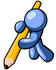 #34515 Clip Art Graphic of a Blue Guy Character Leaning Heavily While Writing With A Giant Pencil by Jester Arts