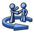 #34534 Clip Art Graphic of a Blue Guy Character Shaking Hands With A Client In The Center Of An Arrow by Jester Arts