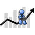 #34538 Clip Art Graphic of a Blue Guy Character Working On A Laptop And Sitting On An Arrow Over A Bar Graph by Jester Arts