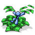 #34540 Clip Art Graphic of a Blue Guy Character On A Pile Of Cash, Throwing Money by Jester Arts