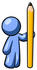 #34565 Clip Art Graphic of a Blue Guy Character Standing By A Pencil by Jester Arts