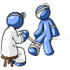 #34592 Clip Art Graphic of a Blue Guy Character Getting Bandaged By A Doctor by Jester Arts