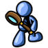 #35461 Clip Art Graphic of a Blue Guy Character Kneeling And Using A Magnifying Glass by Jester Arts