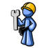 #35464 Clip Art Graphic of a Blue Guy Character Holding A Wrench And Wearing A Tool Belt by Jester Arts