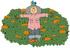 #35620 Clip Art Graphic of a Scarecrow With A Bird Nesting In His Hat, On A Post In A Pumpkin Crop by DJArt