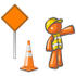 #35735 Clip Art Graphic of an Orange Guy Character Working Road Construction, Standing By A Sign And Cone, Directing Traffic by Jester Arts