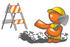 #35738 Clip Art Graphic of an Orange Guy Character In A Hardhat, Digging In The Road At A Construction Site by Jester Arts