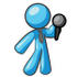 #35794 Clip Art Graphic of a Sky Blue Guy Character Holding a Microphone by Jester Arts