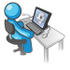 #35923 Clip Art Graphic of a Sky Blue Guy Character Using a Computer by Jester Arts